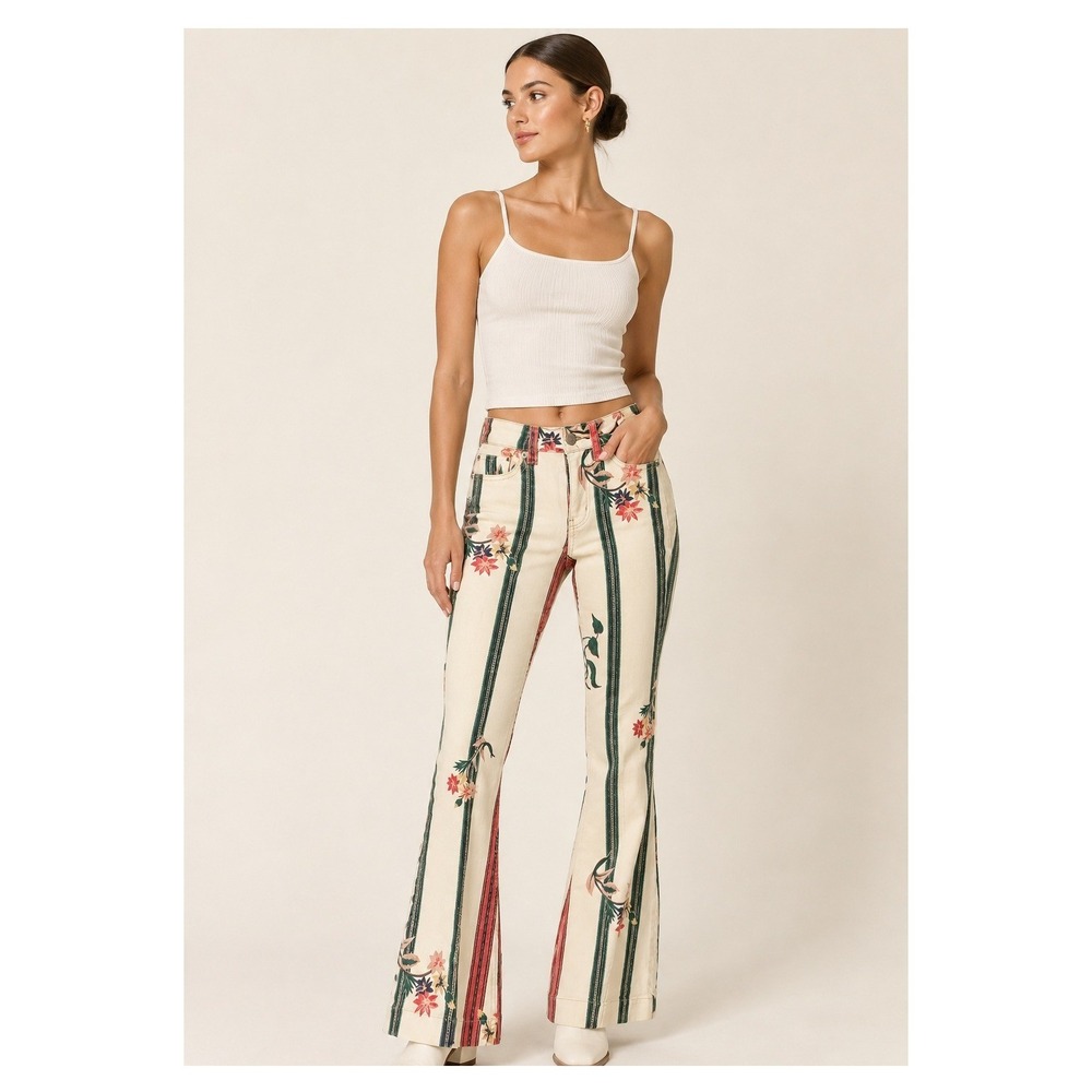 BDG Urban Outfitters Floral Printed Flare Jeans Womens 24 Cream Boho 70s Retro